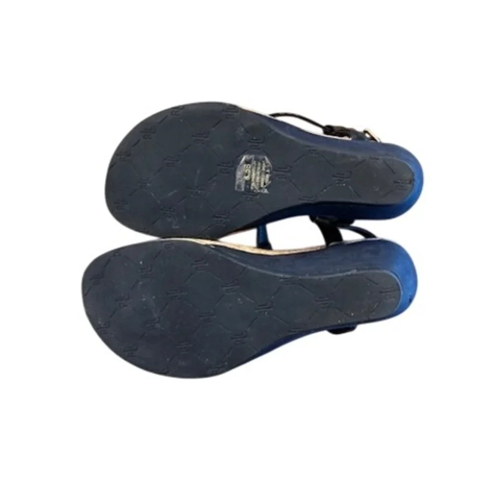 Lauren Ralph Lauren Size 8.5 Black Patent T-Strap Cork‎ Wedge Sandals Shoes
